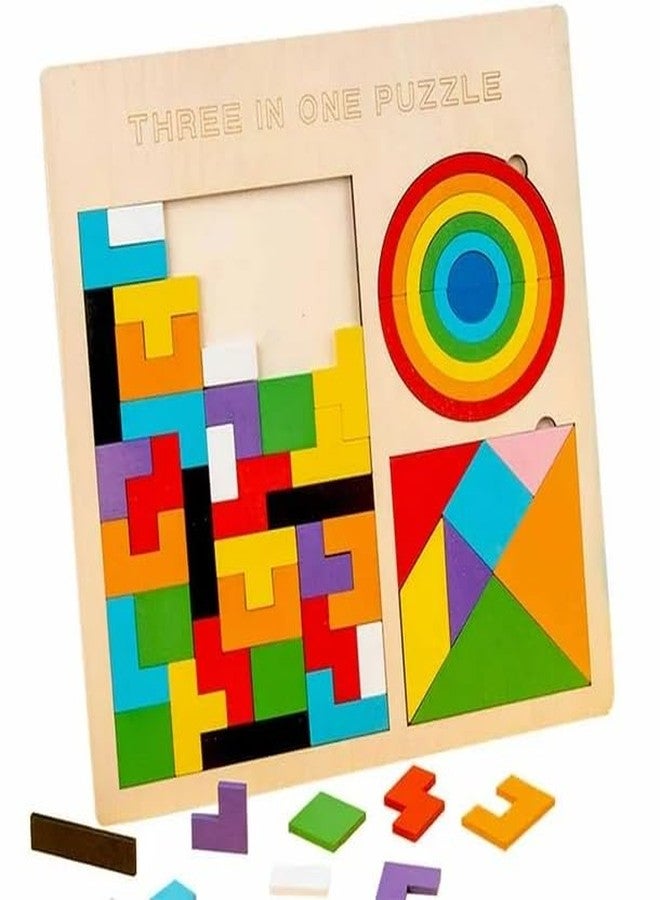 Slipps Wooden 3 in 1 Blocks Puzzles, Russian Blocks, Octagon Puzzle, Tangrams Puzzles, Brain Teasers Toy Logic Game, Montessori STEM Educational Toys Present for Kids - Image 1